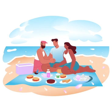 A family is sitting on a colorful picnic blanket on the sandy beach. There are various snacks spread out, including fruit, sandwiches, and chips. A cooler is nearby, and drinks are placed in ice, creating a refreshing scene. The beach is dotted with seashells, and the waves are gently lapping at the shore. In the background, a bright blue sky with fluffy clouds adds to the cheerful atmosphere.