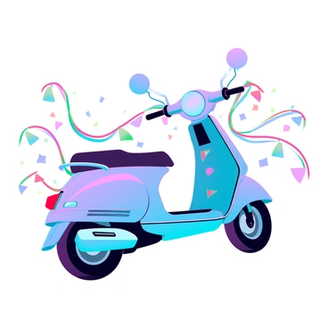 A moped decked out for a local festival, complete with streamers and flags