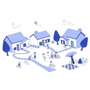 A peaceful suburban neighborhood is depicted with neatly lined houses, each featuring well-kept lawns and flower beds. In the center of the scene, a park is visible, filled with children playing joyfully. Some children are flying kites, while others are riding bicycles along the paths. A group of children is gathered around a playground structure, climbing and laughing. Nearby, a tree provides shade, under which a few families are having picnics on checkered blankets. The overall atmosphere conveys a sense of community and enjoyment.