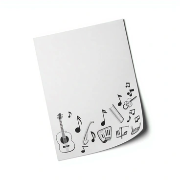 A blank sheet of paper serves as the canvas for a corner doodle filled with musical notes and various instruments. The doodle includes treble clefs and quarter notes, intertwining throughout the design. There are a guitar, a trumpet, and a piano depicted alongside the notes, each instrument detailed with distinct features. The guitar has a curved body with strings visible, the trumpet showcases its shiny bell and valves, and the piano has a keyboard with black and white keys clearly defined. The composition creates a lively and harmonious atmosphere in the corner of the sheet.