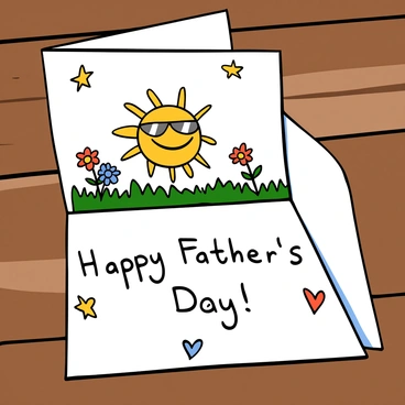 A handmade Father's Day card resting on a wooden table. The card has a colorful drawing of a big sun wearing sunglasses and smiling, surrounded by green grass and colorful flowers. The inside of the card features a heartfelt message written in neat, bold letters that say, "Happy Father's Day!" The card is decorated with small doodles of stars and hearts.