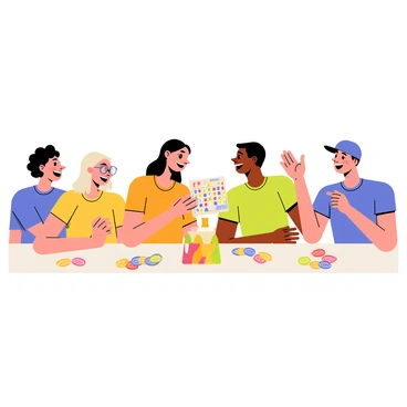 A group of five friends sitting around a table, engaged in a lively game of loto. Two friends, one with short curly hair and the other wearing glasses, are leaning forward with smiles on their faces. The third friend, a woman with long straight hair, is holding a colorful bingo card and chuckling. The fourth friend, wearing a bright t-shirt, has a bag of colorful loto chips in front of him. The fifth friend, sporting a cap, is playfully gesturing with his hands. The table is covered with various loto cards and snacks, creating a fun and relaxed atmosphere.