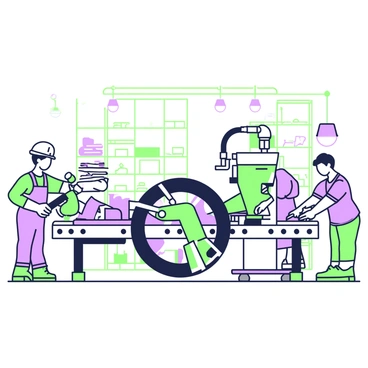 Inside a factory, there is a large assembly line dedicated to the production of new train wheels. The assembly line consists of several sections, each with workers engaged in different tasks. On the left side, a worker is using a wrench to tighten bolts on a partially assembled wheel, while another worker places a completed wheel onto a conveyor belt. In the center, there is a machine that is polishing the surface of the wheels to give them a smooth finish. Shelves stacked with raw materials and tools are visible in the background, creating an organized and industrious environment. Overhead, bright lights illuminate the space, highlighting the various metallic components in use.