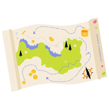 A game board featuring a treasure map design with a large central parchment displaying an illustrated coastline, mountains, and forests. Several winding routes marked with dashed lines traverse the map, leading to an "X" that indicates the treasure location. Various hidden surprises are scattered across the board, represented by small symbols like golden coins, a treasure chest, and a compass. The edges of the board are adorned with decorative borders that include playful nautical motifs such as anchors and seashells.