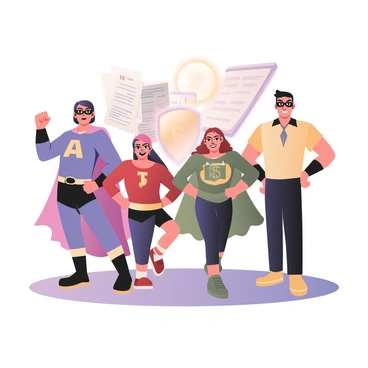A digital flat illustration featuring a team of four accountants dressed as superheroes. Each superhero has a unique costume color: one in blue with a large "A" emblem on the chest, another in red with a golden calculator symbol on the belt, a third in green with a cape covered in dollar signs, and the last one in yellow wearing glasses and a visor. They are standing confidently in a dynamic pose, with their fists clenched and ready for action. Behind them, there are stacks of paperwork and spreadsheets, along with a glowing shield symbolizing financial stability. The sky is clear, and the sun shines brightly on this scene, emphasizing their determination to tackle financial challenges.