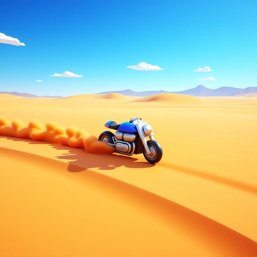 A lone motorcycle speeding across an endless desert landscape. The bike is a sleek and modern design with shiny chrome accents. The tires kick up a cloud of dust, creating a dynamic trail behind it. The desert features vast stretches of golden sand dunes, with the sun casting sharp shadows and highlights on the surface. In the background, the sky is a vivid blue with a few scattered white clouds. The scene conveys a sense of adventure and freedom, with the motorcycle as the focal point.