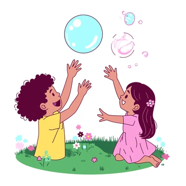A close-up view of two children in a backyard, reaching out with their hands to pop big, bubbly soap bubbles. One child has curly hair and is wearing a yellow t-shirt, while the other has straight hair tied up in pigtails and is wearing a pink dress. The bubbles are iridescent and catch the light, reflecting various colors as they float nearby. The grass below is lush and green, and there are a few colorful flowers scattered around, adding vibrancy to the scene. The children's expressions show joy and excitement as they interact with the bubbles.