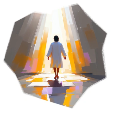 An illustration depicting a figure stepping out of a shadowy area into a bright, illuminated space, symbolizing new life through resurrection. The person is depicted with a look of hope and determination on their face. They are wearing flowing garments that catch the light, creating a contrast with the dark surroundings. Rays of light are radiating from above, illuminating the figure and enhancing the sense of emerging into a new beginning. The background gradually transitions from deep blacks and grays to vibrant whites and yellows, representing the journey from darkness to light.
