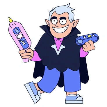 A cartoon villain with an absurdly exaggerated evil grin that stretches across their face. The villain has sharp, angular features and is wearing a dark, tattered cloak that billows around them. They have large, expressive eyes that gleam with mischief. In their hands, they hold oversized gadgets, such as a massive, clunky ray gun and a giant remote control with numerous buttons. The villain stands in a dynamic pose, one foot slightly forward, as if ready to unleash their plans for chaos.