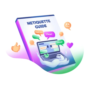 A modern pastel illustration featuring the cover of a guidebook titled "Netiquette Guide." The cover showcases a friendly character typing on a laptop, with speech bubbles containing polite phrases such as "Thank you!" and "Please." Surrounding the character are various icons representing online communication, including a thumbs-up, a smiley face, and a heart. The background includes soft pastel colors, enhancing the friendly and approachable theme of online etiquette.