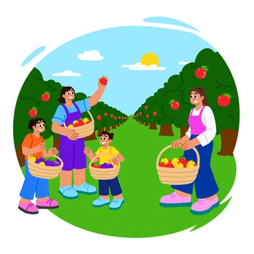 A family of four picking fresh fruits in a vibrant orchard. The parents are smiling as they reach for ripe apples hanging from a tree, while two children, a boy and a girl, are gathering fruits in their woven baskets. The baskets are filled with colorful produce, including red apples, yellow pears, and purple plums. The orchard is lush with green leaves, and the sun shines brightly, creating a cheerful atmosphere. In the background, rows of fruit trees stretch out, laden with more fruit.
