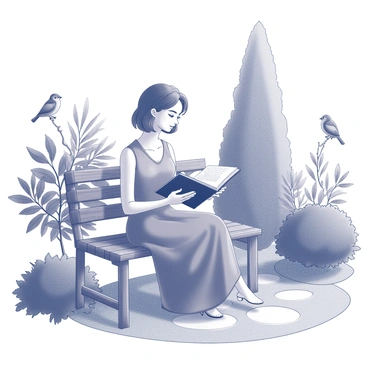 A young woman, dressed in a flowing gown, sits on a wooden bench in a garden. She holds an open book of poetry in her hands and reads aloud, her lips moving gently. Around her, various trees and bushes create a lush environment, with a path winding through vibrant foliage. Birds are perched on branches nearby, their presence suggested by subtle outlines and positions. The scene conveys a tranquil atmosphere, with a focus on the woman immersed in her poetry amidst the natural setting.
