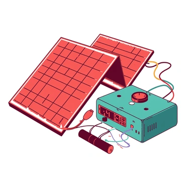 A red solar panel is displayed with its internals visible, showcasing intricate details of the wiring and components. The panel has colorful wires connected, leading to a teal inverter prominently featured beside it. Arrows illustrate the flow of energy from the solar cells to the inverter, highlighting the conversion process. Various elements, such as a battery and a digital meter, are included in the scene to represent energy storage and monitoring. The overall composition is clear, focusing on the functionality and connections within the solar energy system.