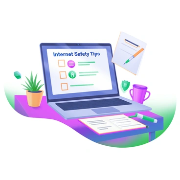 A modern pastel illustration depicting a desk with a sleek laptop open, showing the screen displaying a checklist of "Internet Safety Tips" in clear, readable font. Next to the laptop, there is a notepad with handwritten notes and a colorful pen. The checklist includes icons representing different safety tips, such as a lock for privacy, a shield for security, and a magnifying glass for caution. The desk is adorned with a small potted plant and a coffee mug, adding a cozy feel to the workspace. The overall color palette consists of soft pastels, creating a welcoming atmosphere.