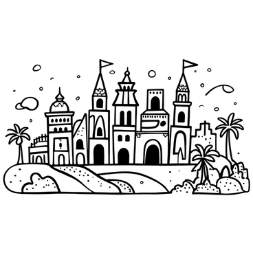A cityscape composed entirely of sand, showcasing intricately detailed buildings with elaborate architectural features. Each structure has unique designs, with towers and arches that rise into the air. The sandy streets are lined with tiny palm trees and miniature sculptures. In the background, there are gentle dunes that rise and fall, creating a natural landscape. Light is reflecting off the sandy surfaces, giving a shimmering effect throughout the scene.