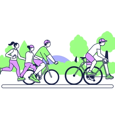 A group of cyclists and joggers is seen along the Lakefront Trail. The cyclists are wearing helmets and brightly colored athletic wear, pedaling past with determination. Among them, one cyclist is riding a green bicycle, while another is on a purple one. The joggers, wearing comfortable running attire, include a woman with her hair tied in a ponytail and a man with a baseball cap. They are enjoying the fresh air, some of them with earbuds in. In the background, there are trees lining the trail, and the lake is visible, creating a lively atmosphere.