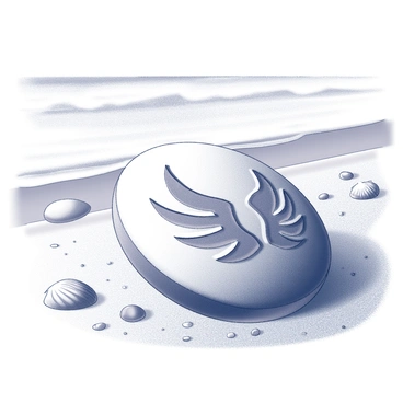 A smooth stone, round and polished, features an intricate carving of a "fourth wing" on its surface. The stone is positioned on a sandy beach, with fine grains of sand surrounding it. In the background, gentle waves lap at the shore, while various seashells and pebbles are scattered nearby. The sky above is clear, allowing sunlight to illuminate the details of the carving on the stone.