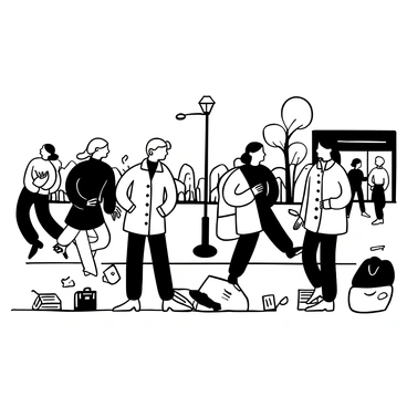 A street scene featuring a variety of individuals, each wearing unique trench coats in different styles. Some trench coats are long and flowing while others are short and fitted. The individuals come in various postures; one is leaning against a lamppost, another is walking with a briefcase, and a third is conversing with a friend. There are also scattered items on the pavement, like a newspaper and a coffee cup. The background includes a row of stylish buildings and a few trees lining the street.