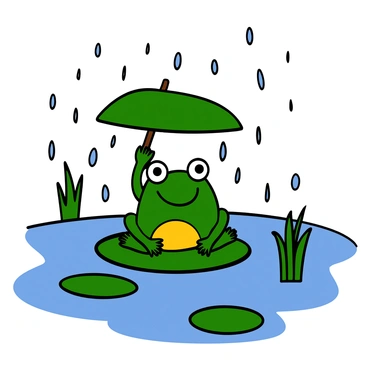 A green frog with big eyes is sitting on a lily pad, holding a large green leaf above its head as an umbrella. Raindrops are falling around it, creating ripples in the water. The background features a serene pond with other lily pads and reeds. The frog has a joyful expression, showcasing its enjoyment of the rain.