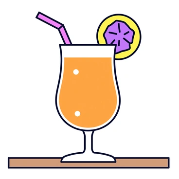 A tall glass filled with a vibrant orange tropical cocktail. The drink features a shiny surface and a colorful straw inserted into it. On the rim of the glass, there is a slice of passion fruit, showcasing its yellow and purple exterior. The glass is placed on a wooden table with a subtle texture.