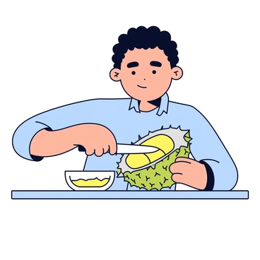 A person wearing a light blue shirt is carefully cutting open a durian with a sharp knife. The durian has a spiky green outer shell that is partially opened to expose the creamy yellow flesh inside. The person is focused on the task, with a look of concentration on their face. The table in front of them has a small bowl to catch any juices that may spill out from the fruit.