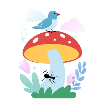 A colombe with soft feathers is perched on a large, colorful mushroom with a broad cap. The mushroom has a smooth surface, showcasing bright shades of red and yellow. Below, an ant is climbing up the stem of the mushroom, its tiny body in sharp contrast to the mushroom's texture. The scene is set in a vibrant, fantastical environment filled with lush greenery and delicate flowers surrounding the mushroom. A few soft, fluffy clouds are visible in the background, enhancing the whimsical atmosphere.