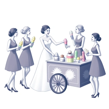 A group of bridesmaids in elegant dresses gathered around a vintage ice cream cart. The bridesmaids are smiling and laughing, holding colorful ice cream cones and bowls filled with various flavors. The bride, wearing a beautiful white gown, stands in the center, joyfully reaching for a treat. The ice cream cart is adorned with whimsical decorations and vintage details, showcasing an assortment of ice cream options. The scene captures a festive and celebratory atmosphere.