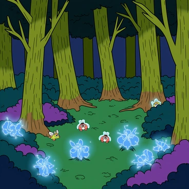 An enchanted forest with glowing plants and mysterious creatures