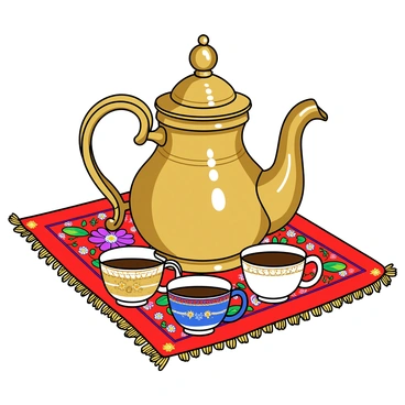 A traditional Arabic coffee pot made of polished brass, featuring intricate engravings and a curved spout. There are three small coffee cups made of ceramic, each with a different colorful pattern. The coffee pot is placed next to the cups on a vibrant, embroidered cloth that displays a variety of bright colors and floral designs. The cloth has fringed edges and adds a rich texture to the scene. The setting is well-lit, enhancing the colors and details of the coffee pot and cups.