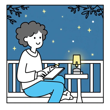 Martha, a woman with curly hair, sits on a wooden porch at night. She is wearing a cozy white sweater and relaxed denim jeans. In her lap, she has a sketchbook open, and she is holding a pencil, focused on her drawing. The night sky above is filled with stars, twinkling brightly. A gentle breeze rustles the leaves of nearby trees, and a small table beside her holds a dim lamp casting a warm light, illuminating her workspace.