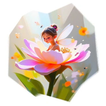 A tiny fairy with delicate, translucent wings is perched gracefully on a large, vibrant flower petal. Her hair is flowing and adorned with small blossoms, matching the colors of the surrounding flora. The flower petal is bright pink with intricate patterns, and it's set against a backdrop of lush green leaves and other blooming flowers. Soft sunlight filters through the foliage, creating gentle highlights on the fairy and the petal. In the background, various shades of greenery enhance the natural setting, while small insects can be seen fluttering nearby.