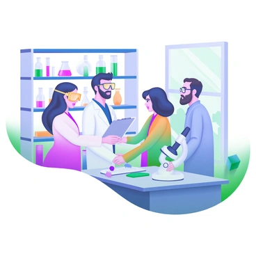 A modern pastel illustration depicting a group of four scientists from various fields shaking hands in a laboratory setting. The scientists include a woman in a white lab coat holding a clipboard, a man in glasses wearing a safety goggles, a woman with curly hair dressed in a colorful lab coat, and a man with a beard in a blue lab coat. Behind them, there are shelves filled with laboratory equipment such as beakers, test tubes, and a microscope. The lab is well-lit, and there is a large window showing a glimpse of the outdoors.