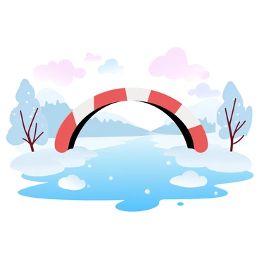 A bridge made of giant candy canes arching over a frozen river