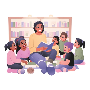 A joyful host is sitting on a colorful rug in a library, reading a story to a group of children. The host has curly hair and is wearing a bright yellow sweater and jeans. Around them, there are several eager children with diverse appearances, showing excitement on their faces. The children are sitting cross-legged, some leaning forward as they listen intently. Behind the host, there are shelves filled with books, and colorful illustrations are visible on the walls. A few plush toys are scattered around the rug, adding a playful atmosphere to the scene. The sunlight is streaming in through a window, creating a warm ambiance.