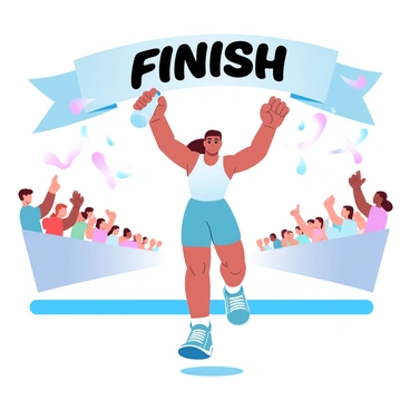 A runner with a determined expression is crossing the marathon finish line. The runner is wearing a vibrant athletic outfit and has a water bottle in one hand, while their other arm is raised in triumph. The finish line banner is fluttering above, displaying the words "FINISH" in bold letters. Confetti is falling around the runner, and a crowd of cheering spectators is visible in the background, waving their arms in celebration. The scene is filled with a sense of accomplishment and excitement.