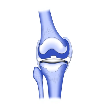 A detailed cross-section of a human knee joint is illustrated, showcasing the anatomy surrounding a knee replacement implant. The joint includes the femur, tibia, and fibula, clearly defined with intricate textures to indicate bone structure. The replacement implant is positioned snugly between the femur and tibia, with its metallic surface reflecting light subtly. Surrounding the implant, there are representations of cartilage, ligaments, and synovial fluid, emphasizing the normal anatomy adjacent to the artificial component. The areas of bone are shaded to indicate depth and structure, while the implant is depicted in a way that demonstrates its fit and integration within the bone.