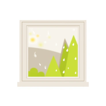 A window with a rectangular shape framed in white wood. Raindrops are trickling down the glass, creating streaks that distort the outside view. A blurred landscape of green trees and gray skies is visible through the window. Some droplets cluster together, while others are cascading down the surface, reflecting light. A cozy room is suggested by the soft glow of a warm light source in the background, though the interior remains out of focus.