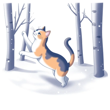 A calico cat with a patchy coat of orange, black, and white fur is playfully pouncing in a soft blanket of snow. The snow is fluffy and has a smooth surface, glistening in the light. The cat's paws are raised mid-air, and there are small snowflakes flying around as it leaps. Surrounding the cat are tall winter trees, their bare branches creating a contrasting pattern against the sky. The ground is covered in a thick layer of snow, and the scene conveys a sense of playful energy.