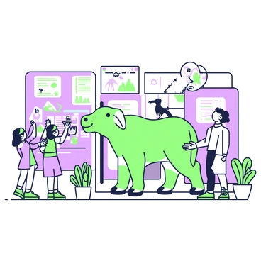 A conservation center is depicted in the image, showcasing various interactive displays about wildlife protection. In the center, there is a large, life-sized model of an endangered animal, surrounded by touch screens providing information about its habitat and threats. To the left, a group of children are engaged with a virtual reality station, wearing headsets and reaching out to interact with animated wildlife. On the walls, there are colorful posters featuring various species and their conservation status. Several potted plants add a touch of nature to the interior, and a friendly staff member is visible, answering questions from visitors.