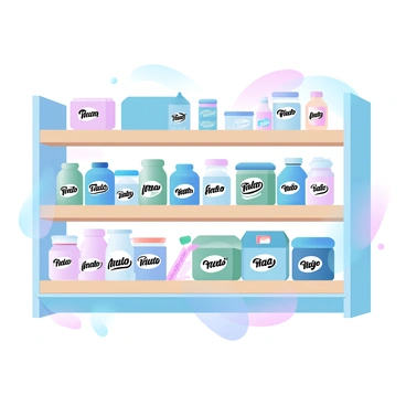 A supermarket shelf filled with various products from a single brand, all neatly arranged and organized. The products include colorful boxes, bottles, and jars, each displaying the brand's distinct logo prominently. The shelf has a light wood finish, enhancing the appearance of the neatly lined items. The background shows a subtle gradient of pastel colors that complement the packaging. A few items have promotional labels, adding vibrant splashes of color to the display, while the overall arrangement maintains an orderly, visually appealing look.