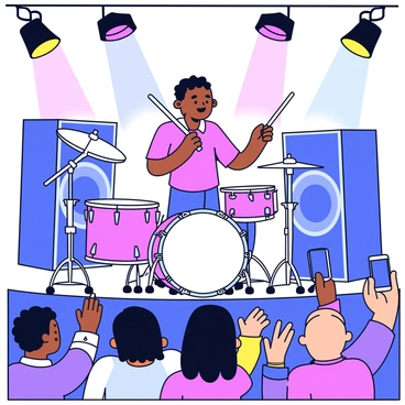 A drum soloist is energetically performing on stage, surrounded by a set of shiny drums with silver hardware. The soloist has a focused expression, using drumsticks to create rhythmic beats. Bright stage lights are illuminating the performer, casting dynamic shadows. In the foreground, a captivated audience is cheering and clapping, some with raised hands, while others hold up their phones to capture the moment. The background features colorful spotlights and a large speaker setup.