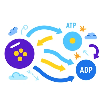 A diagram illustrating the process of ATP and ADP interchanging energy within a cell. The central focus is on a large, vibrant representation of an ATP molecule, depicted in a rich blue color with three phosphate groups attached. Nearby, an ADP molecule is shown in a lighter blue, with two phosphate groups. Arrows indicate the flow of energy as ATP transfers a phosphate group to become ADP, and another set of arrows demonstrates the reverse process where ADP gains a phosphate group to regenerate ATP. The background includes stylized mitochondria, showcasing their shape and texture, while small energy spark icons signify the energy being transferred throughout the cycle.