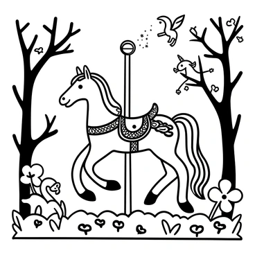 A carousel horse with an ornate saddle is positioned in the center of a fairy-tale forest. The horse is adorned with intricate carvings and has a flowing mane. Surrounding the horse, various mythical creatures are present, including a small dragon perched on a nearby tree branch and a unicorn grazing in a patch of lush grass. A sprite is hovering above the horse, trailing sparkling dust. The trees are tall and twisted, with leaves that seem to shimmer. Delicate flowers bloom at the base of the horse, adding to the enchanted atmosphere.