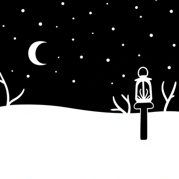 A vast snow-covered landscape stretches out under a clear sky, illuminated by the soft glow of the moon. In the distance, a single lantern hangs from a wooden post, casting a warm light around it. The lantern's details include a glass enclosure and intricate designs on its surface. Snowflakes gently fall from the sky, landing on the ground and on the lantern. The landscape is dotted with leafless trees, their branches outlined against the night sky, creating a serene atmosphere.