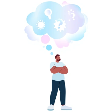 A person is standing with their arms crossed, looking upward. Above their head, several fluffy clouds are shaped like thought bubbles. Each thought bubble contains various abstract symbols such as light bulbs, gears, and question marks. The whole scene is filled with soft, gradient pastel colors, creating a light and airy atmosphere.