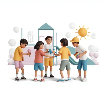 A group of children at a school playground during recess, engaged in trading various toys. There are three boys and two girls. One boy is handing a blue action figure to a girl in a red shirt, while she offers him a pink doll in return. Nearby, another boy with a yellow cap is playing with a colorful frisbee. The sun is shining brightly, and the playground equipment, including slides and swings, is visible in the background. Laughter and excitement can be seen on their faces as they enjoy their time together.