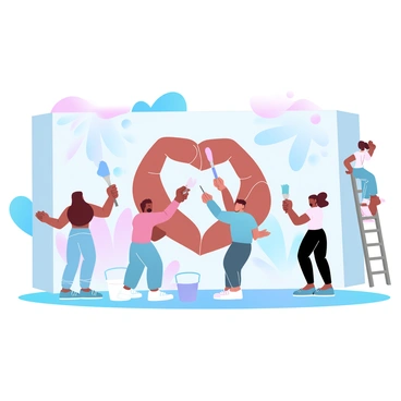 A diverse group of individuals is working together on a large mural on a wall. Each person holds a paintbrush and is applying different colors to the mural, which features imagery of interconnected hands, blooming flowers, and abstract shapes symbolizing unity and hope. In the background, there are buckets of paint in various bright hues, and some people are on ladders reaching higher areas of the mural. The scene is filled with a sense of collaboration and positivity, as everyone focuses on their contributions to the artwork.