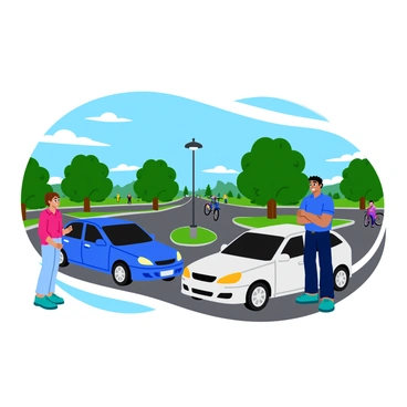 Two drivers having a reflective conversation after a minor accident, emphasizing understanding and cooperation.