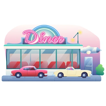 A classic roadside diner with large glass windows has a bright neon sign that reads "Diner" in vibrant pink and blue colors. The building is painted in a retro style, featuring chrome accents and red vinyl seating visible through the windows. Outside, several vintage cars are parked, including a cherry-red convertible and a pale yellow coupe. The pavement in front of the diner has a checkered pattern, and a small green shrub is placed near the entrance. The evening sky is gradually transitioning into dusk, providing a warm backdrop to the scene.
