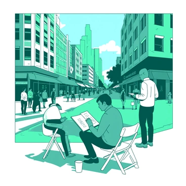 A teal group of urban sketchers is gathered at a busy street corner, each focused on their individual sketchbooks. One sketcher sits on a white folding stool, intently drawing the tall buildings in front of them, while another stands, holding a sketchpad at an angle. The street is filled with people walking by, and a white coffee cup sits on the ground beside one of the sketchers. In the background, a large teal cityscape stretches toward the sky, with colorful storefronts lining the street. The atmosphere is lively, with bright signs and a clear blue sky adding depth to the scene.